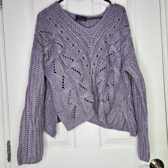 3/$21! Cozy Cropped Purple Knit Sweater With Asymmetrical Hem, Medium - Picture 1 of 8